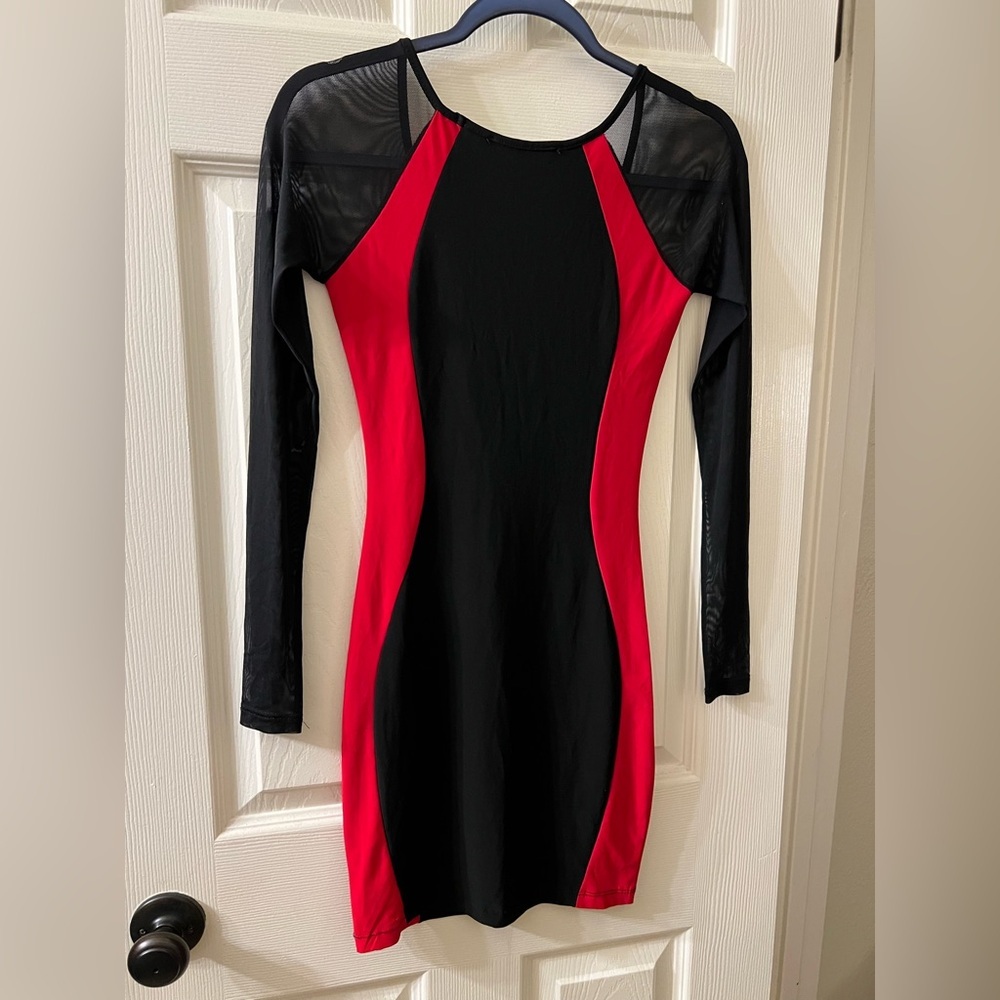 Symphony Black and Red Mesh-Sleeve Bodycon Dress - Picture 7 of 7